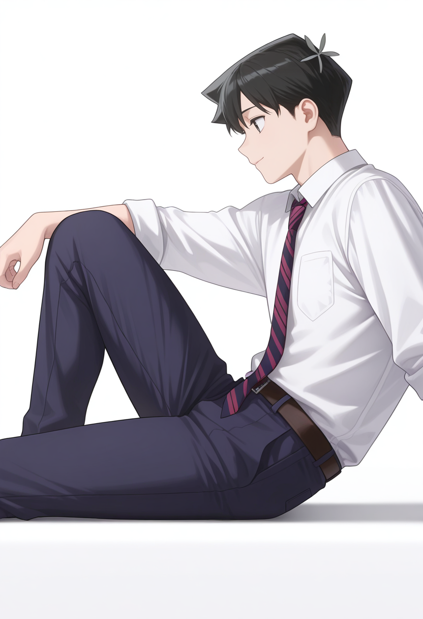 Smooth Quality,masterpiece,very intricate, high quality details, ultra realistic, high detailed skin,detailed enviorement,
simple background, white background, 
from side,light smile,reclining, one leg over other, arm on backrest, calm, composed,  ,
<lora:Tadano_Hitohito_cnn:0.8>tadanohitohitocnn, tadanocnn,1boy,black hair, short hair, black eyes, hair flower,
school uniform, white shirt,striped necktie, pants,
