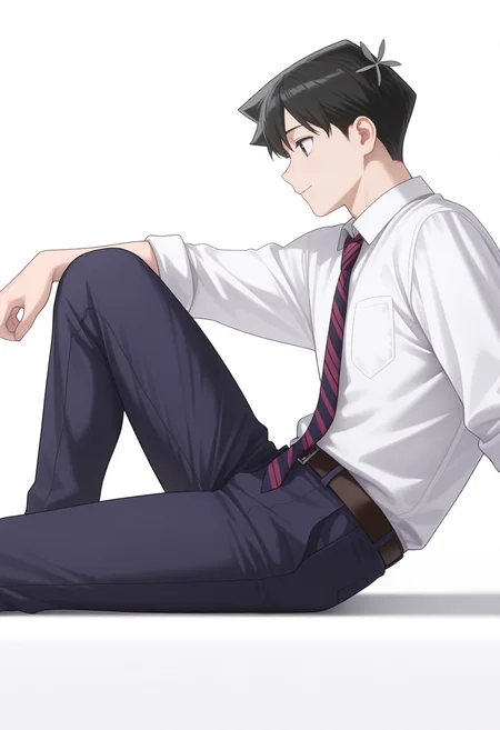 Smooth Quality,masterpiece,very intricate, high quality details, ultra realistic, high detailed skin,detailed enviorement,
simple background, white background, 
from side,light smile,reclining, one leg over other, arm on backrest, calm, composed,  ,
<lora:Tadano_Hitohito_cnn:0.8>tadanohitohitocnn, tadanocnn,1boy,black hair, short hair, black eyes, hair flower,
school uniform, white shirt,striped necktie, pants,
