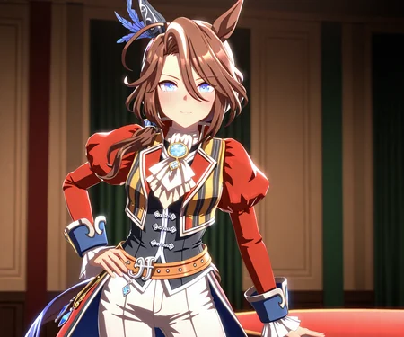 masterpiece, best quality, amazing quality, , 1girl, solo,  looking at viewer,    <lora:Sounds of Earth in game style 3D ILL-v2:1> ummsmingame, 3d, sounds of earth \(umamusume\), white pants, black vest, juliet sleeves, white ascot, belt, red striped jacket, coat,