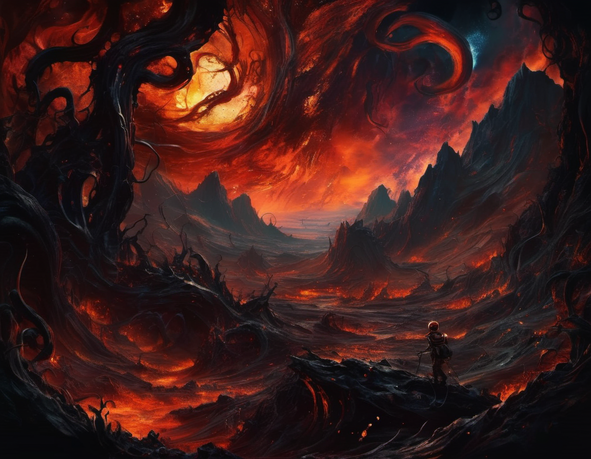 EdobHorrorLandscape, tentacles, ambiguous gender, landscape, skeleton, open mouth, branch, mountain, planet, starry sky, goggles, 1boy, sunset, sharp teeth, dark, landscape, one-eyed, edobhorrorlandscape, fireflies, forest, claws, horror (theme), molten rock, <lora:EdobHorrorLandscape_XL_v1.0:0.8>