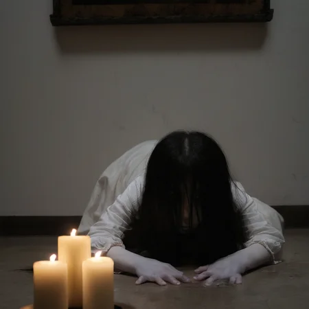 Horror-themed, <lora:Kayako Saeki Sadako Yamamura:1>
Kayako Saeki a woman laying crawling on the floor next to a lit candle while staring at camera with surprise,1girl,solo,long hair,breasts,looking at viewer,black hair,hair over one eye,black eyes,candle,dark , pale skin, supernatural, horror film, Japanese, extreme rage, sorrow, cinematic, film, movie, movie still, Ju-On The Grudge movie style, Eerie, unsettling, dark, spooky, suspenseful, grim, highly detailed