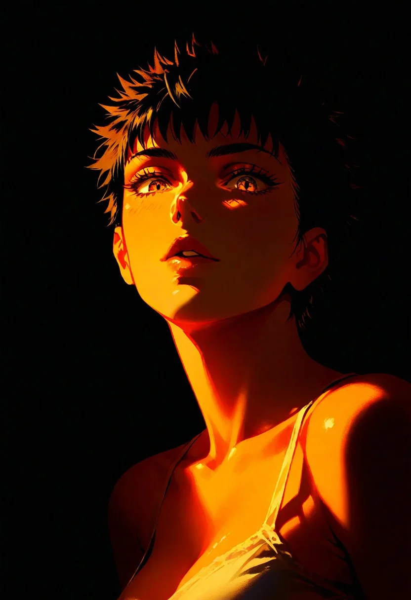1girl,Guts (Berserk), lips, thin lips, parted lips, solo, looking at viewer, camisole, upper body, dark, underlightling, masterpiece, best quality, very aesthetic
