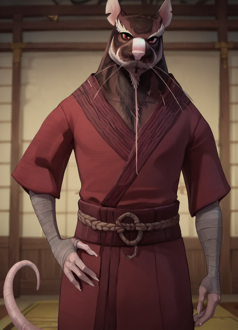 <lora:SplinterPony1.0:1> splinter, solo, no humans, rat, whiskers, 1boy, looking at viewer, bandages, animal focus, male focus, kimono, tail, standing, red eyes, animal ears, facial hair, looking at viewer, hand on own hip, cowboy shot,, score_9, score_8_up, score_7_up, score_6_up, score_5_up, score_4_up