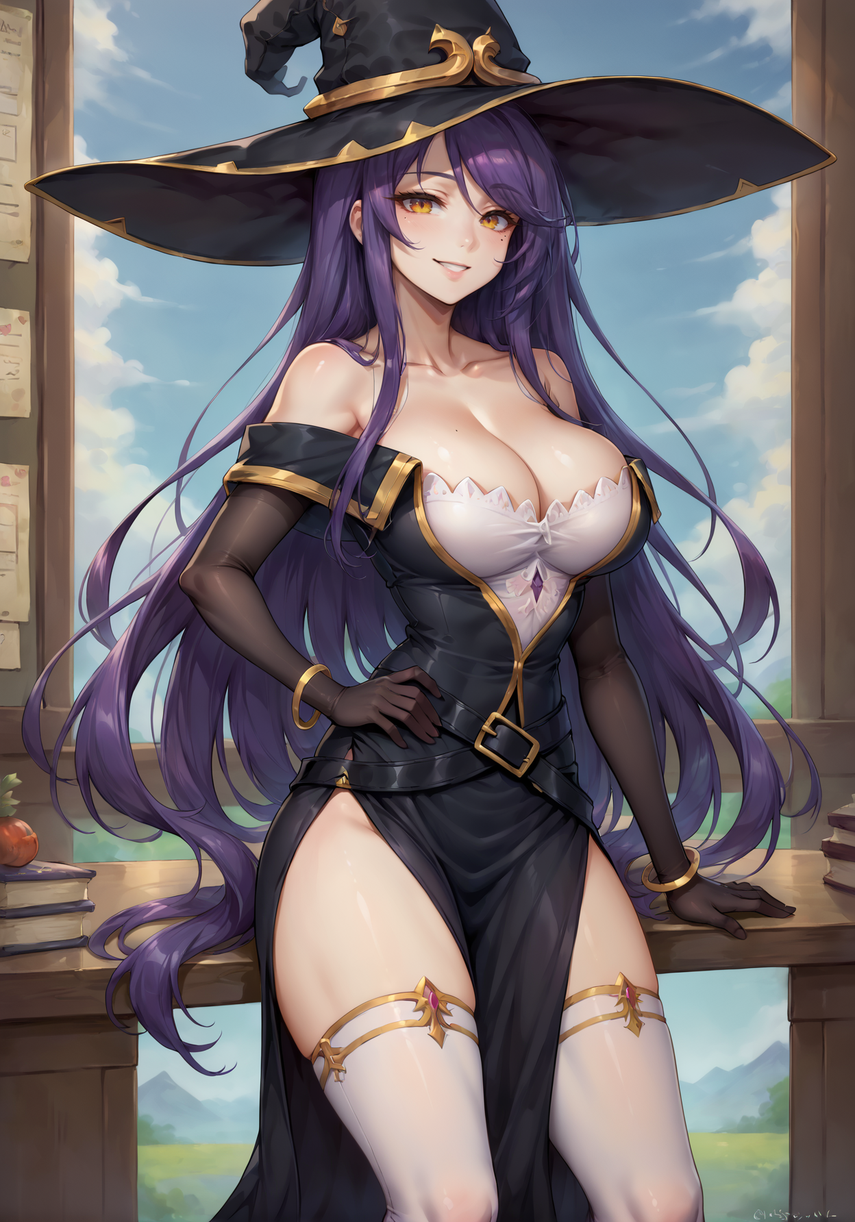 score_9, score_8_up, mlgswtch, <lora:Witch - Goblin Slayer - PDXL:0.8>, 1girl, solo,  bare shoulders, black belts, black dress, black gloves,  off shoulder dress, high heels, long sleeves, side slit,  gold trim, gold trimmed thigh highs, strapless,    mole under eye, large breasts, white bustier, smile,  bracelets, hand on one  hip,    contrapposto, witch hat,  wide hips,