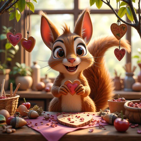 a busy squirrel sitting at a tiny workbench, surrounded by acorns, twigs, and other crafting materials. The squirrel is carefully crafting a heart-shaped token from a piece of wood, using tiny tools and a lot of love. A few finished tokens are displayed nearby, each one unique and special., <lora:Flux_Cartoon\Cute_3d_Cartoon_Flux.safetensors:0.5:0.5>