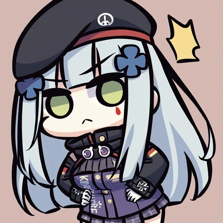 chibi,solo,1girl,hk416 \(girls' frontline\),girls' frontline,bangs,green eyes,long hair,hair ornament,breasts,facial mark,grey hair,blunt bangs,hat,large breasts,medium breasts,very long hair,<lora:Kei_Style_noob-4:1>,