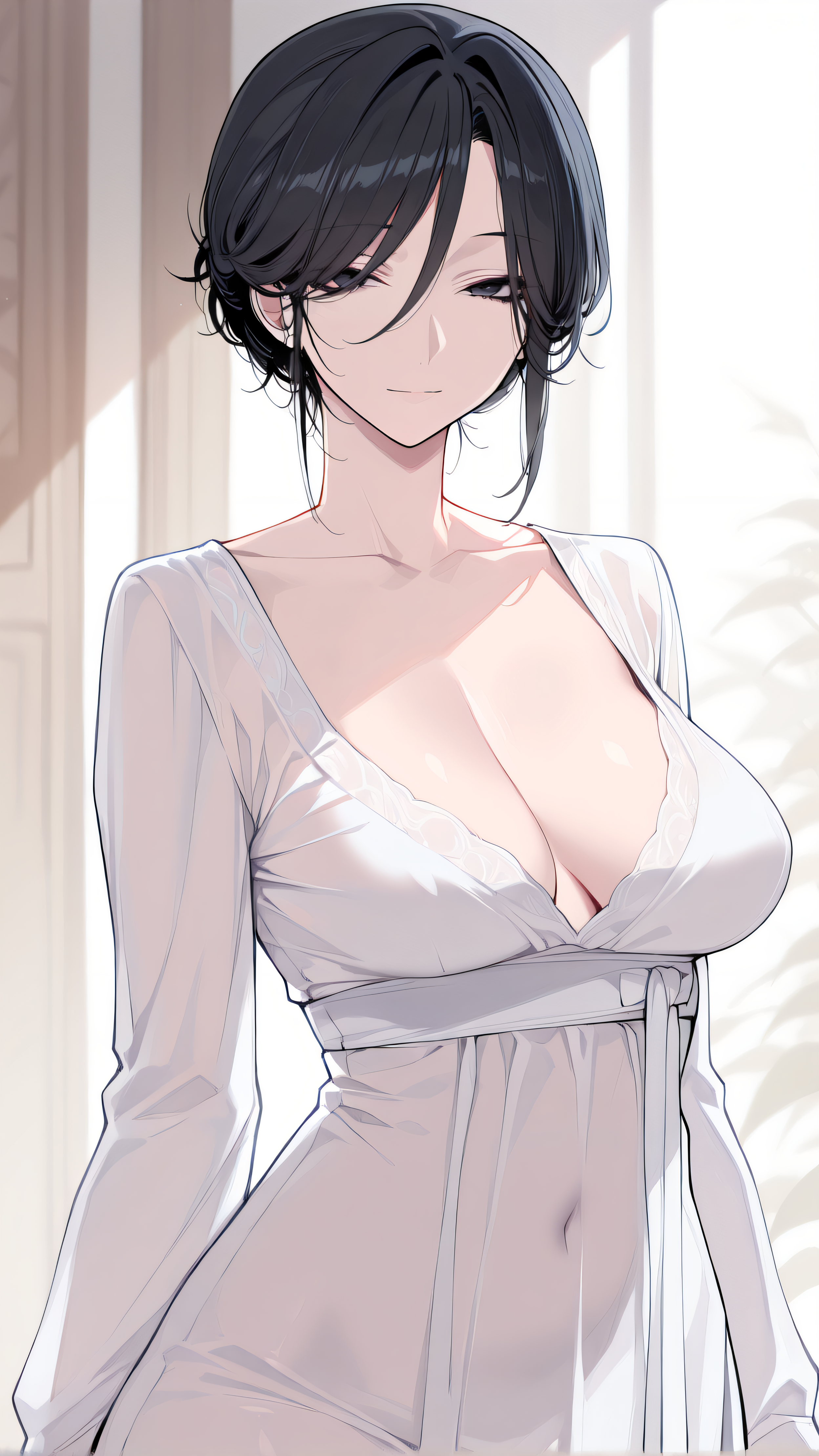 1girl, solo,beautiful detailed eyes, single hair bun, hair bun, short hair,  hair between eyes,black hair,black eyes, looking at viewer,,(medium breasts),





long sleeves,hanfu,See-through silhouette，low neckline























masterpiece,best quality,amazing quality,highres, 



