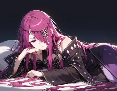 <lora:Sekhmet_ReZero_r1:0.7>, very long hair, sekhmet, magenta hair, magenta eyes, long robe, lying on her side, bored