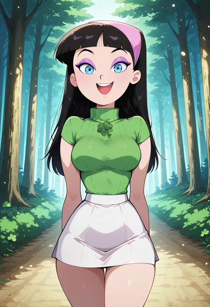 <lora:anime_screencap-IL v-pred:1>, anime screencap, anime coloring, very awa, masterpiece, best quality, amazing quality, highres, absurdres, depth of field, focused subject, perfect anatomy, perfect eyes, lazyhand, lazypos, BREAK 1girl, 3/4 body shot, <lora:trixie_adult_cartoon-04:1.0>, TrixieFOP, source_cartoon, official style, black hair, long hair, blunt bangs, blue eyes, pink headband, lilac eyeshadow, tall female, slim sexy body, medium breasts, standing, looking at viewer, happy smile, half open mouth, ((ShamrockWorld, clover, four-leaf clover, light particles, green turtleneck sweater, short sleeves,), (white skirt, miniskirt,), ), breast focus, BREAK (forest, forest path, trees, no men, 1girl, solo,),