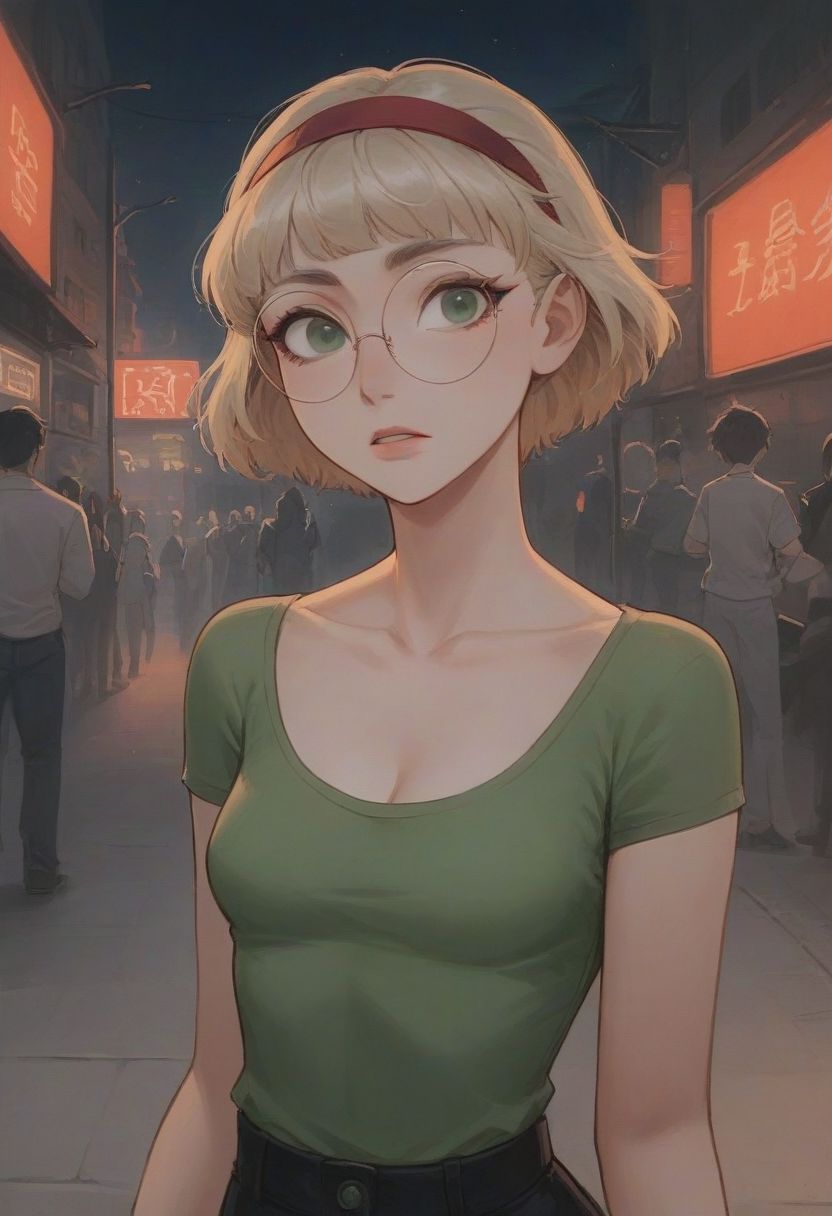 Score_9_up, Score_8_up, 1girl, Hououji Fuu, short blonde hair, red headband, dark green eyes, tight shirt underwire, green shirt, tight white jeans, round glasses, city street background, night, neon, ((pale skin)), long eyelashes, eyes open, (small hanging breasts, hard shadows)), ((cleavage)), ((arched back)), lifting shirt, tit flash,