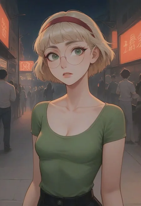 Score_9_up, Score_8_up, 1girl, Hououji Fuu, short blonde hair, red headband, dark green eyes, tight shirt underwire, green shirt, tight white jeans, round glasses, city street background, night, neon, ((pale skin)), long eyelashes, eyes open, (small hanging breasts, hard shadows)), ((cleavage)), ((arched back)), lifting shirt, tit flash,