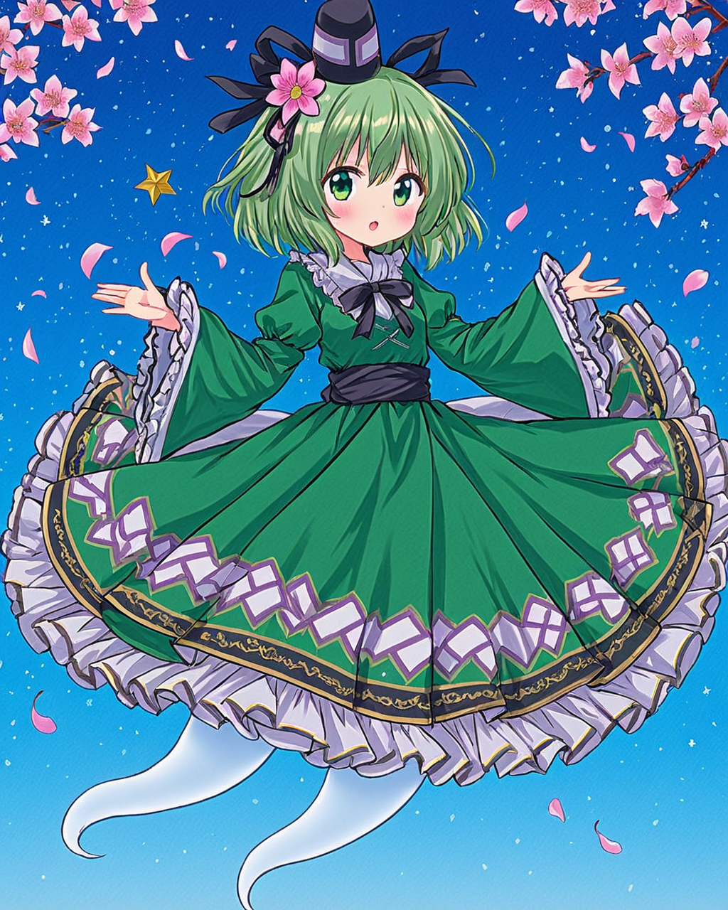 soga no tojiko,1girl, solo, green_dress, tate_eboshi, traditional_media, sample_watermark, open_mouth, marker_\(medium\), black_headwear, :d, long_sleeves, ghost_tail, pink_flower, looking_at_viewer, petals, ofuda_on_clothes, frilled_dress, floral_background, frilled_sleeves, hat_ribbon, black_ribbon, cherry_blossoms, blush, blue_background
<lora:soga_no_tojiko_image2295_2023-12-20-000010:1>,star-shaped_pupils,symbol-shaped_pupils,. gorgeous,key visual, vibrant, studio anime,award-winning, professional, highly detailed,high budget, cinemascope