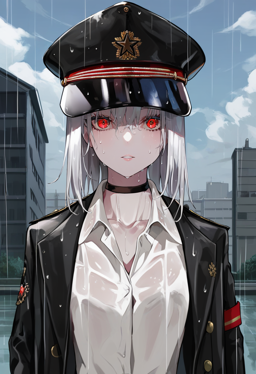 score_9, score_8_up, score_7_up, score_6_up, <lora:LAMXL_Js2_lokr_V4302:0.95> 1girl, red eyes, rain, hat, choker, solo, peaked cap, sky, looking at viewer, black choker, outdoors, shirt, uniform, aiguillette, building, military, military uniform, upper body, jacket, collared shirt, long sleeves, military hat, black headwear, black jacket, collarbone, parted lips, cloud, wet, white hair, blue sky, long hair, white shirt, medium hair, umbrella, cloudy sky, day