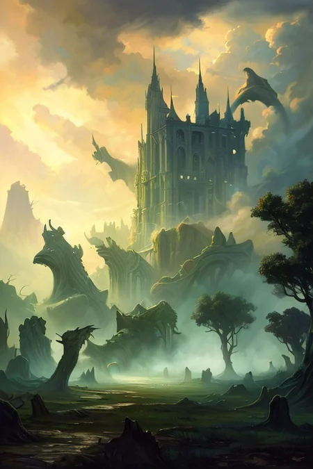 hyperrealism oil painting, ghost of the castle,
thunderstorm, and many small clouds, and slightly cloudy, fantasy forest,
an expansive ancient forest, featuring towering oaks, diverse wildlife, a variety of flora,FanRu,guiguai,
{dawn|dusk|night},