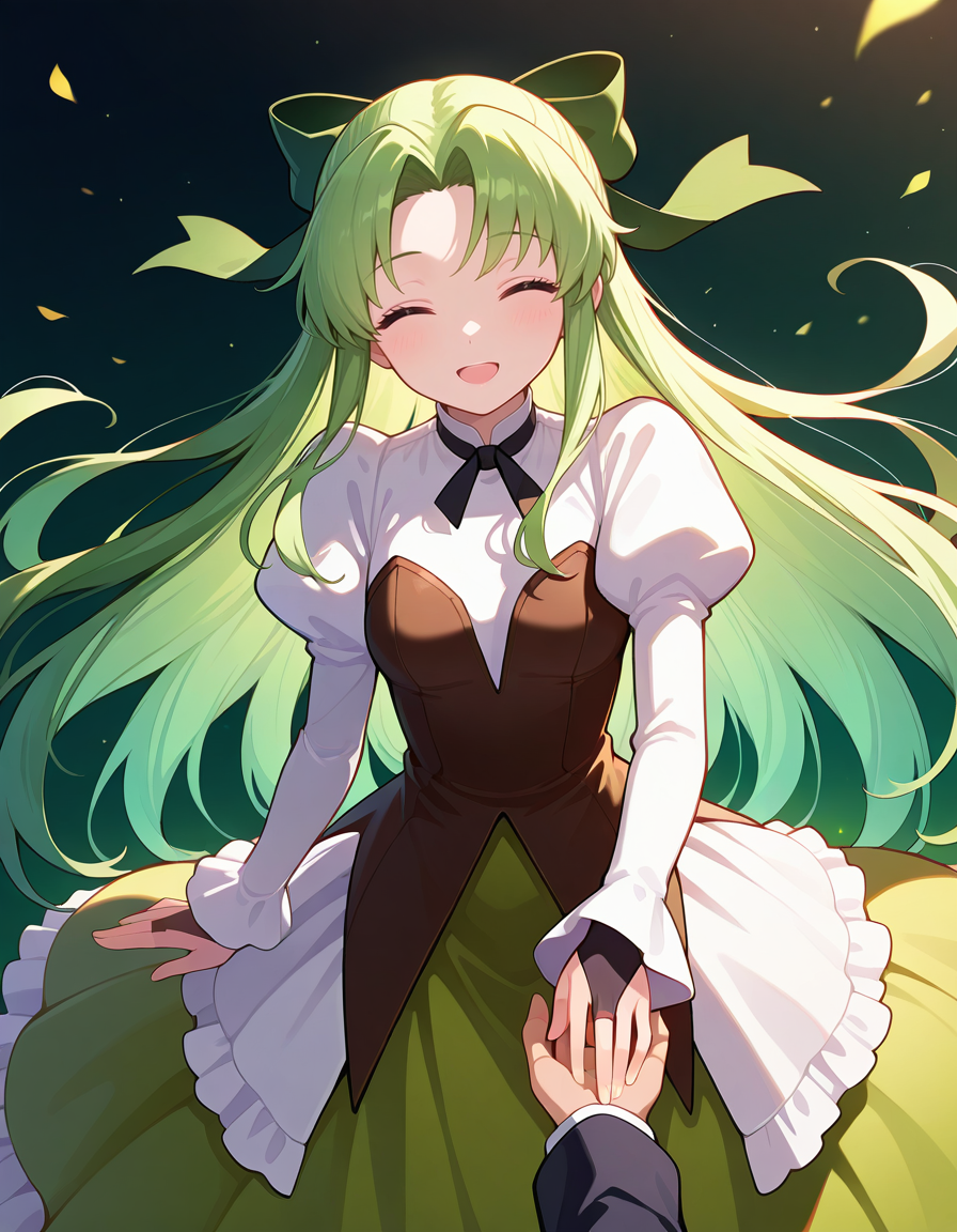 <lora:DHERivierafiaa_SDXL_illustrious_fp16_ver01:1>,DHERivierafiaa, 1girl, green long hair, green eyes, ribbon, dress, juliet sleeves, long sleeves, bridal gauntlets, hair bow,smile,closed eyes,hand on hand, open mouth,, masterpiece, best quality, very aesthetic, absurdres,<lora:detailed_hands:1>,hand