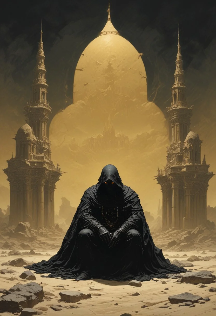 A highly detailed illustration of a black-armored figure seated on a rugged rock, head bowed and shrouded by a dark hooded cloak, with a large sword strapped to their back. The entire scene is bathed in cream-yellow tones, from the sandy ground beneath to every object in the background—a surreal landscape where walls, mosque, buildings, and all surroundings are rendered in a uniform, muted cream-yellow. The figure’s deep black armor stands in stark contrast, emphasizing its texture and the mysterious, solemn posture of the character, who appears lost in contemplation amidst a monochromatic, dreamlike setting. (Frank Frazetta fantasy oil painting, illustrated)
