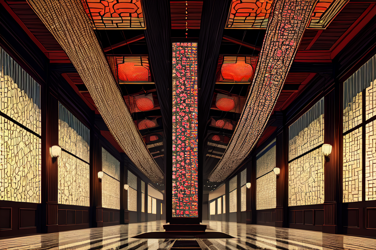 highly insanely detailed, masterpiece, top quality, best quality, highres, 4k, 8k, RAW photo, (very aesthetic, beautiful and aesthetic),  
(code_style,codestyle),japanese text,english text,(sympattern,geometric pattern:1.4),colorful, 
<lora:CodeStyle (half generic class)_564920:0.7>, 
(1girl:1.3), 1other, 
hotel lobby interior,âââ