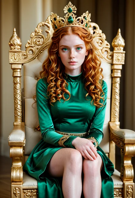 RAW cinematic photo, . 35mm photograph, film, bokeh, professional, 4k, highly detailed, cinematic lighting, breathtaking photo of a ginger girl sitting on a golden throne,
<lora:Gingerella_-_OC:0.8> 1girl, g1ng3r3ll4, long hair, lips, freckles, redhead, ginger, pale skin, olive green eyes, wavy hair, curly hair, petite, elegant green dress, tiara, princess, throne room scenery, ((wearing emerald crown, wearing elbow gloves, sitting on a throne, full body, hands in lap)),