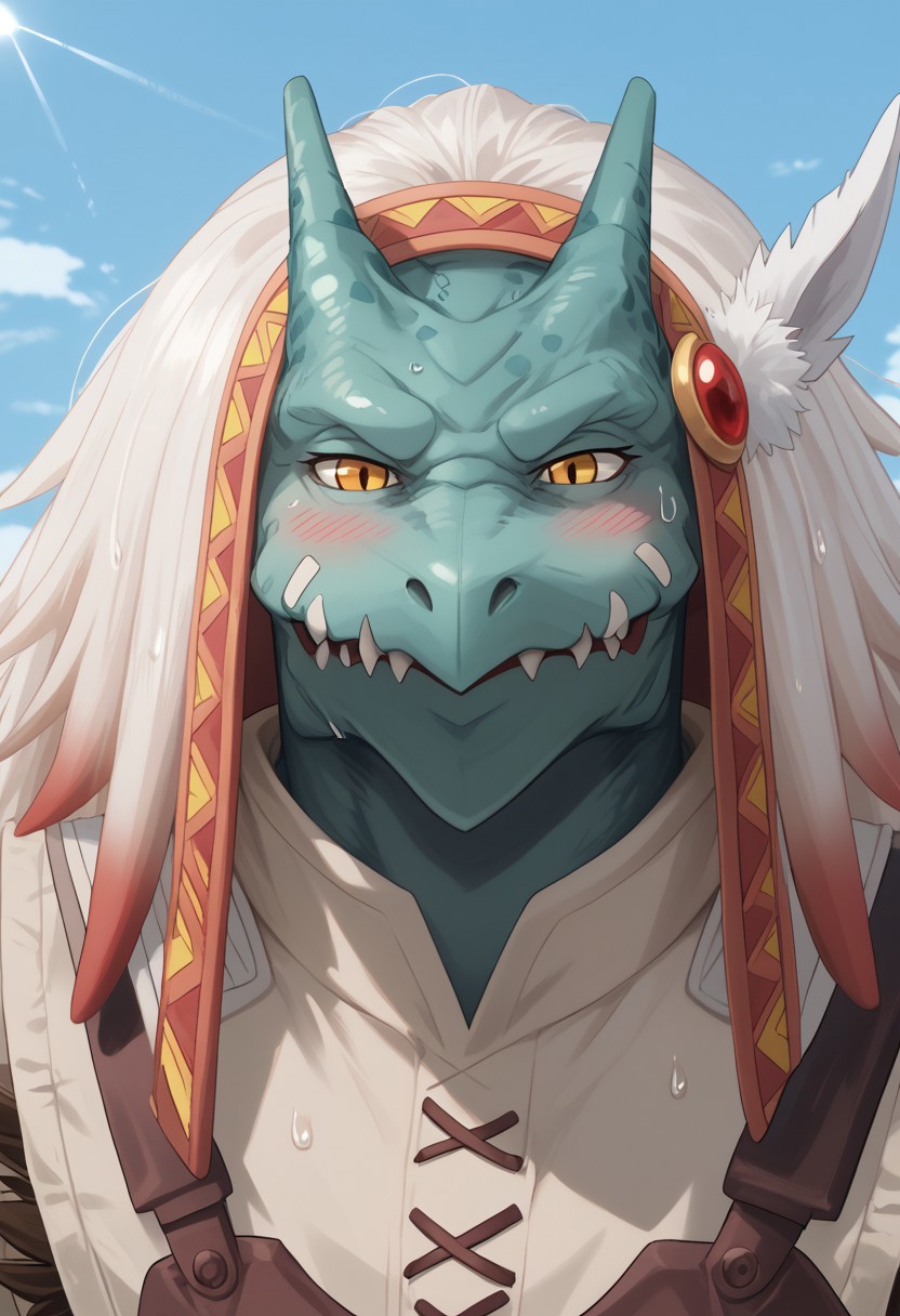 score_9, score_8_up, score_7_up, score_6_up, score_5_up, score_4_up, anthro, slight smile,seductive look,high detail, best quality ,detailed background,  thick thigh,(artist:null-ghost), dragon-like creature, blue-green scales, sharp golden eyes, no visible eyebrows, muscular build, strong jawline, long horns, small fangs, angular face, ridged forehead, smooth and reptilian skin texture,muscle, Muscular,  expressive,, detailed background, (high quality), (masterpiece), (detailed), sweaty, excessive sweating, blushing, dynamic, immersive, perfect reflections, volumetric, detailed image, high resolution, muscular, strong chest, masterpiece, detailed face, , Expressiveh,,sexy expression, detailed sweat, sweaty, sexy expression, detailed sweat, close up, side angle, smug,smile,sun background,day,sky,