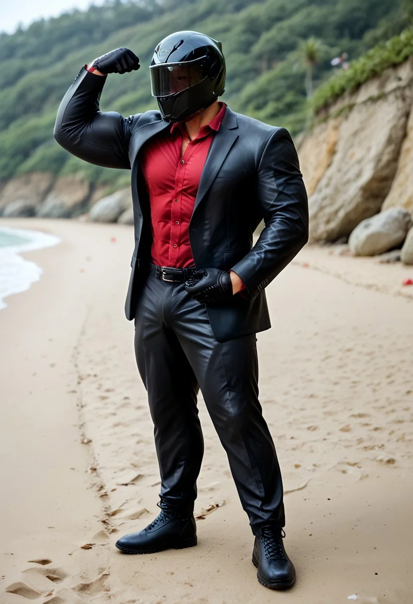 score_9, score_8_up, score_7_up, photo, photorealistic, rating_explicit, (solo:1.1), 1boy, black helmet with tinted visor, muscular male, masculine male, black glossy leather blazer suit, red shirt, formal, pants, skintight, black rubber gloves, black rubber boots, abs, nipples, pecs, flexing, proud, sweaty, outdoors beach, five digits