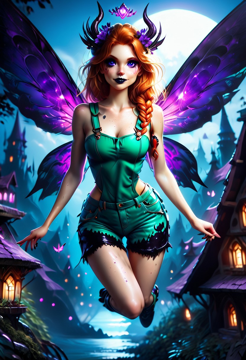 highres,score_9, score_8_up, score_7_up,, score_6_up, perfecteyes, naughty Dark Fairy ,rating_questionable, zPDXL, (((26years old))), (4k quality, masterpiece):1.4),( best quality:1.1), a fairy, blue eyes, cute face, freckles, long legs, full body shot, (Wearing only shorts overalls dress and a green sports-bra :1.2).black lipstick, purple eyeshadow, eyeliner, runny mascara, horns, smile, colorful wings green leather wings
two-tone  (copper, ginger)hair, halo braid hair, fit, curvy, sweaty skin, thighs,hud_m3tal_h4nds, 1girl, 
BREAK.
I'm an enchanted forest, oddly colorful mushroom, bright flowers, 
Break.
1ly4,
detailed skin, 8K, cinematic lighting, volumetric lighting, zPDXL, abv, 1dk, portrait, d3t41l3d, zPDXL2, perfecteyes,