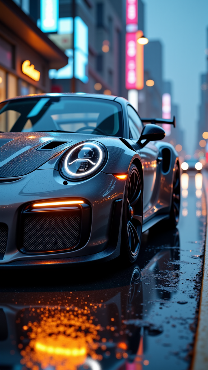 Jeddtlv3, A hyper-realistic close-up of a Porsche 911 GT3 RS parked on a wet asphalt road, reflecting city lights under a moody twilight sky. The sleek aerodynamic curves, aggressive front splitter, and massive rear wing are highlighted by soft ambient lighting. The car's body is finished in a stunning metallic paint, with carbon fiber accents and glowing LED headlights cutting through the misty atmosphere. Water droplets bead off the surface, adding to the realism. The blurred background features a futuristic cityscape with neon reflections shimmering on the wet ground, creating a cinematic and dynamic scene, <lora:Flux_Detailer_v3-000007:1> ,