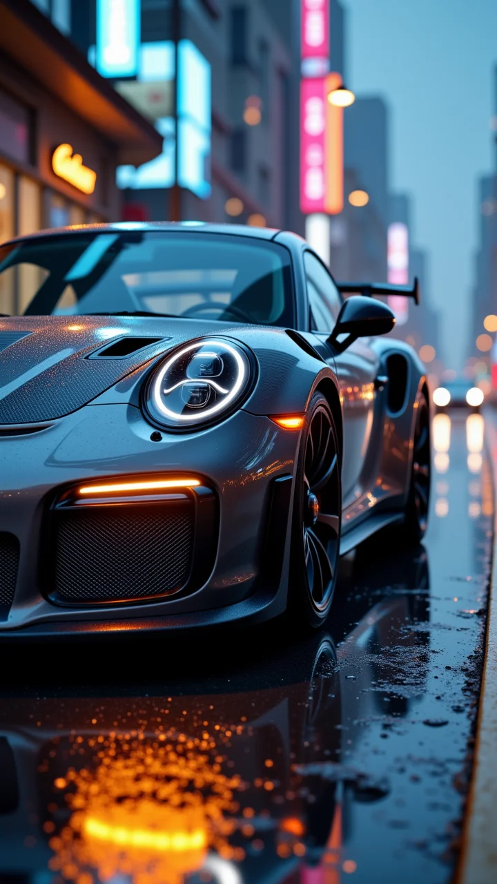 Jeddtlv3, A hyper-realistic close-up of a Porsche 911 GT3 RS parked on a wet asphalt road, reflecting city lights under a moody twilight sky. The sleek aerodynamic curves, aggressive front splitter, and massive rear wing are highlighted by soft ambient lighting. The car's body is finished in a stunning metallic paint, with carbon fiber accents and glowing LED headlights cutting through the misty atmosphere. Water droplets bead off the surface, adding to the realism. The blurred background features a futuristic cityscape with neon reflections shimmering on the wet ground, creating a cinematic and dynamic scene, <lora:Flux_Detailer_v3-000007:1> ,