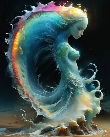 (rolling wave forming a full bodied beautiful female water elemental with colorful organic bioluminescent patterns:1.9), reflections, sheen, hyperrealistic, ultra resolution, professional photo, Jean-Baptiste Monge Style page scan from <lora:add-detail-xl:0.8> <lora:xl_more_art-full_v1:0.5> <lora:Jean-Baptiste Monge Style:1>