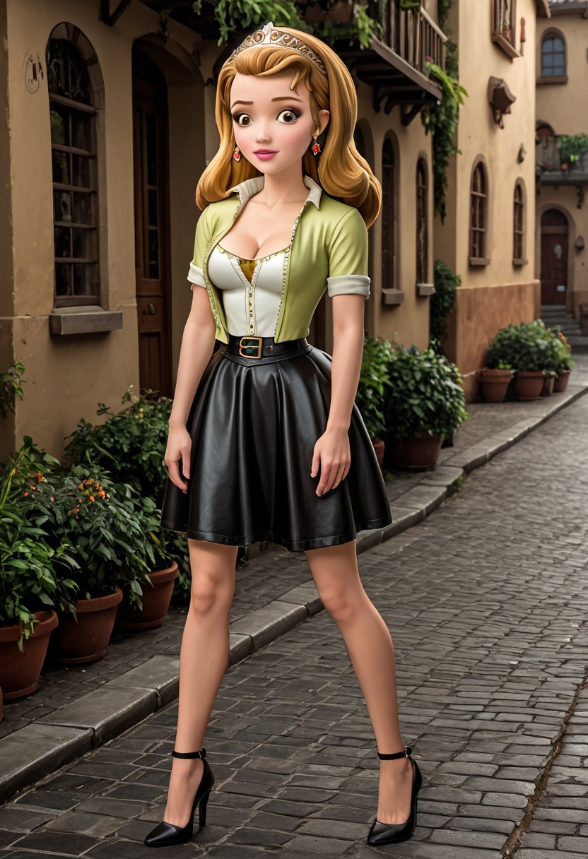 18 years old,medium breast, rasberry shirt, black skirt, fitted skirt, leather skirt,at village,high quality, 8k,best quality, HD, sexy pose, 1girl, long hair, blonde hair, hair slicked back, red earrings, brown eyes, short sleeves,Princess_Amber, miniskirt, high heels,open shirt, provactive,cleavage
