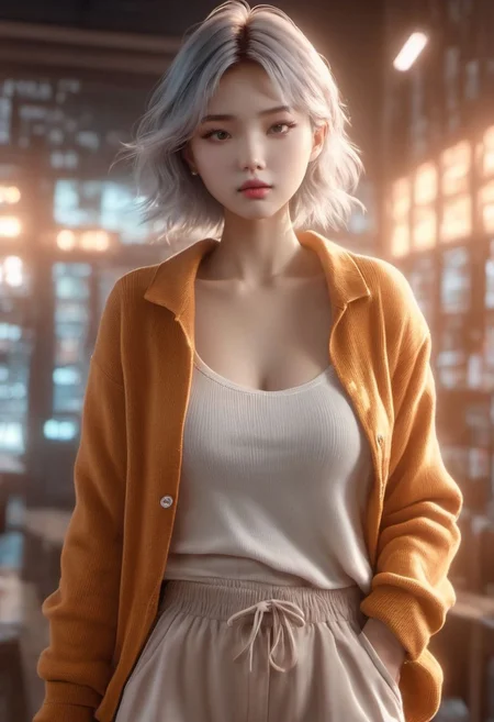 A character with an hourglass body wearing shorts clothes with high to low view, a colder color grading, cinematic color, cinematic lightings, fresh colors, hot,sexy,breast,thunder lights. 4k resolution, ultra HDR, and ghostly beauty, glowing clones