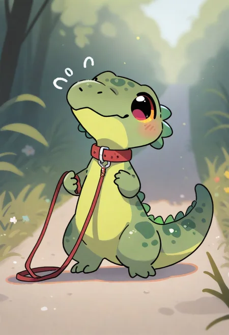 (masterpiece, best quality, high quality, highres), very awa, highres, absurdres,
(naguru \(cyoroama\), (chii-kun \(seedyoulater\):0.7),
pikaole, cute, animal focus,
(lizard:1.1), embarassed, (cute:1.2), (solo:1.2), (axolotl:0.5), green skin, standing,
red choker with buckle, leash
outdoors,