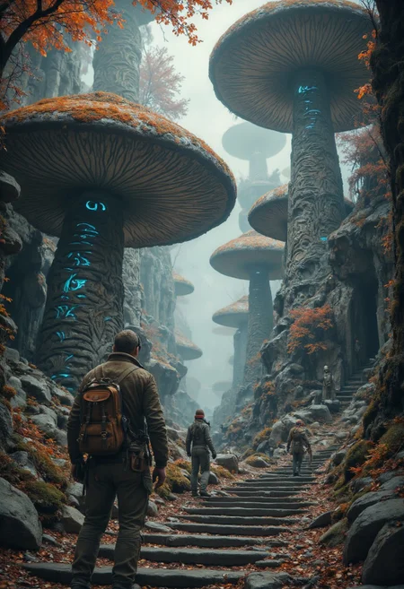 A mystical explorer discovering an ancient civilization's massive stone mushroom monuments.
Physical Features:
- Ancient stone mushrooms carved with glowing hieroglyphics
- Weathered stone textures with climbing vines
- Massive scale suggesting lost civilization architecture
- Crumbling ruins and broken columns between structures
- Mysterious runes spiraling up mushroom stems
Outfit Breakdown:
- Explorer with vintage leather satchel
- Worn archaeological tools at belt
- Dusty khaki expedition clothes
- Ancient map partially visible in hand
- Glowing artifact providing mysterious light
- Sturdy boots navigating stone steps
Color and Materials:
- Weathered gray stone with orange moss
- Ancient gold inlays catching light
- Mysterious blue rune glow
- Autumn leaves contrasting stone
- Patina on bronze architectural details
- Misty atmosphere filtering light
Environment and Context:
- Crumbling stone stairway winding through scene
- Fallen pillars and broken archways
- Ancient statues partially visible in mist
- Mysterious energy flowing between structures
- Archaeological excavation hints
- Mystical barriers and force fields