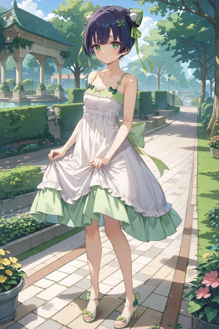 score_max, (score_9, score_8_up, score_7_up:1.2), score_6_up, official art,
masterpiece, absurdres, high detail, 8k,
park, garden, stepping stones, waterway,
standing, skirt hold, shy, blush,
ddphikari, hair ornament, double bun, bun cover, green ribbon, sundress, green bow, heels
<lora:XL_Pony_gomaotsu-hikari-t1:1.0>