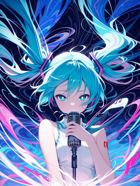 1girl, hatsune miku, white pupils, power elements, microphone, vibrant blue color palette, abstract,abstract background, dreamlike atmosphere, delicate linework, wind-swept hair, energy
,masterpiece,best quality,amazing quality,