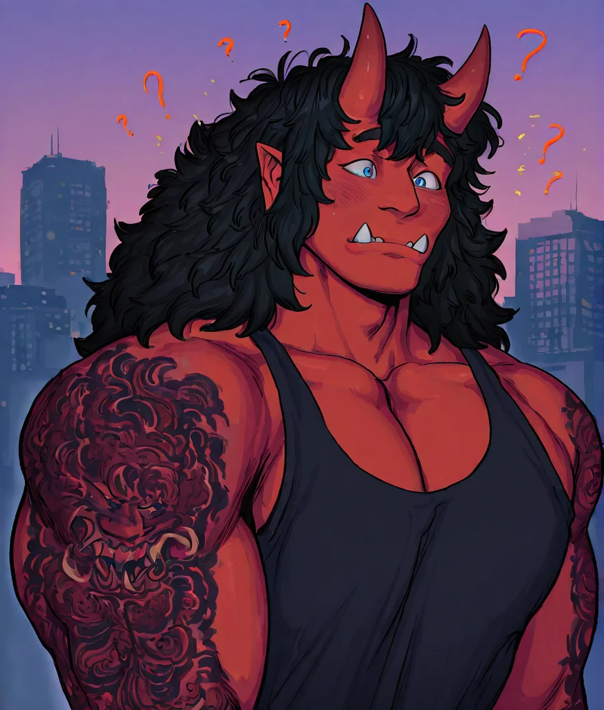solo, 1boy, muscular male, masculine male, shaggy hair, oni, red skin, blue eyes, tusks, fangs, sharp teeth, horns, tattoos, cityscape, confused, ?, blush, tank top
, very awa, masterpiece, best quality, absurdres, newest, perfect quality, intricate details, detailed face
, <lora:uh-d_IL-000021:1>