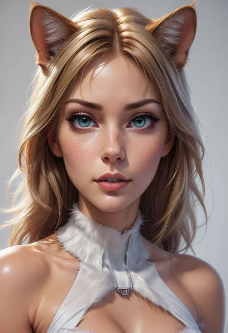 Anna as a cat, seductive pose, fur body, whiskers, philtrum, style of stanley artgerm, artgerm style, white background, simple background
