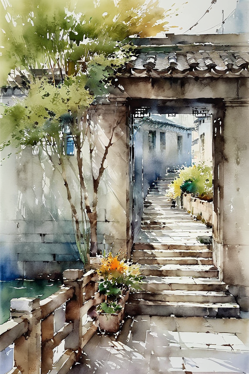 thomas schaller watercolor style works,overlooking the buildings on both sides of the river in the ancient city of suzhou,wooden doors and windows,brick wall,vine plant,stone bridge,fishing boat,the stone steps by the river,wharf,objects,lotus,small trees,by Michael William Kaluta and Rodney Matthews. Dynamic illustration composition. Watercolor with ink embellishment,rich details,excellent quality,deep colors,perfect composition. Intricate details. Minimalist background with beautiful lines. Ink embellishment,delicate watercolor wet wash,bright color reflections,soft colors,wet and dry watercolor,pen and light color style,<lora:Suzhou alley architecture:0.7>,suzhou,<lora:é¢ç¬ç»é£æ ¼_sdxl:0.9>,Pen and light color style,morning,fog,<lora:Watercolor _sdxl:1.2>, Watercolor style,