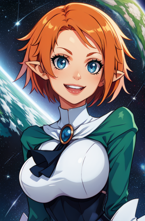 MagicKnight,blue eyes,large breasts, short orange hair,pointy ears,solo , standing, upper body, smiling upper body,
thighhighs,white footwear,pelvic curtain ,belt ,ascot, brooch, green and whit shirt, long sleeves, leotard, platform, space, stars, milkyways, 
(insanely detailed, beautiful detailed face, masterpiece, best quality) <lora:MagicKnight-10v6:0.8>
