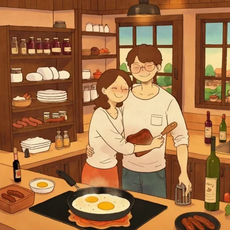 <lora:puuung-000014:0.7>,puuung,romantic ambiance,illustration,animated,couple,kitchen,cooking,affectionate,male,female,glasses,white shirt,spatula,frying pan,eggs,sausage,smiling,content,warm colors,brown tones,cozy atmosphere,love heart,shelves,jars,wine bottle,griddle,embrace,nostalgic style,soft texture,clear image,indoor scene,paper towel dispenser,casual clothing,embracing,joy,cartoon,