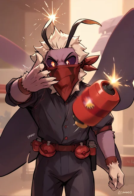 score_9_up, score_8_up, score_7_up, mollo, 1boy, moth, insect, grey fur, white hair, black sclera, antenna, black clothing, moth wings, red bandana, half-body shot, half-body view, EminemThrowingMeme, motion lines, motion blur, throwing, ((throwing bomb:1.2))