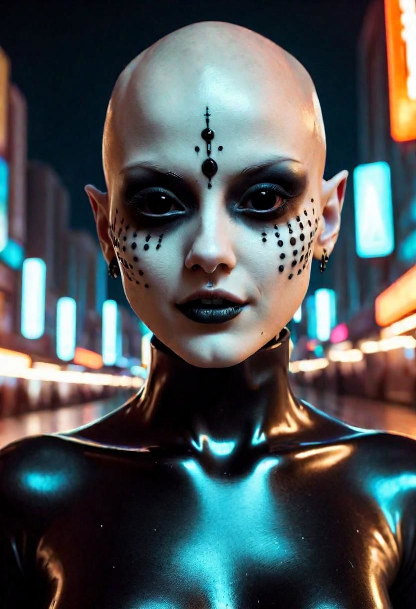 face closeup portrait of a pretty girl, in the 25th century, (black eyes, black scleras:2.0), shaved bald, (shaved eyebrows:2.0), wearing a latex outfit with metal parts, skindentation, detailed face, smirks, (angry rebelious smug expression:2.0, in a (futurist street at night:1.5), neon lights, backlighting, soft shadows, depth of field, photorealistic, analog film grain, rule of thirds, golden number