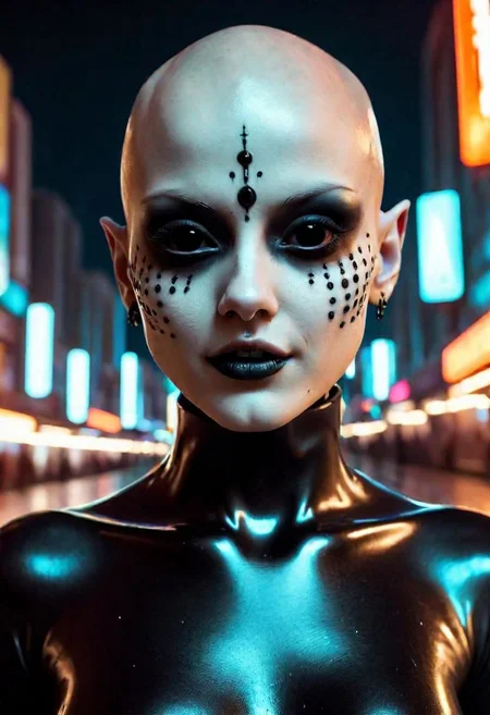 face closeup portrait of a pretty girl, in the 25th century, (black eyes, black scleras:2.0), shaved bald, (shaved eyebrows:2.0), wearing a latex outfit with metal parts, skindentation, detailed face, smirks, (angry rebelious smug expression:2.0, in a (futurist street at night:1.5), neon lights, backlighting, soft shadows, depth of field, photorealistic, analog film grain, rule of thirds, golden number
