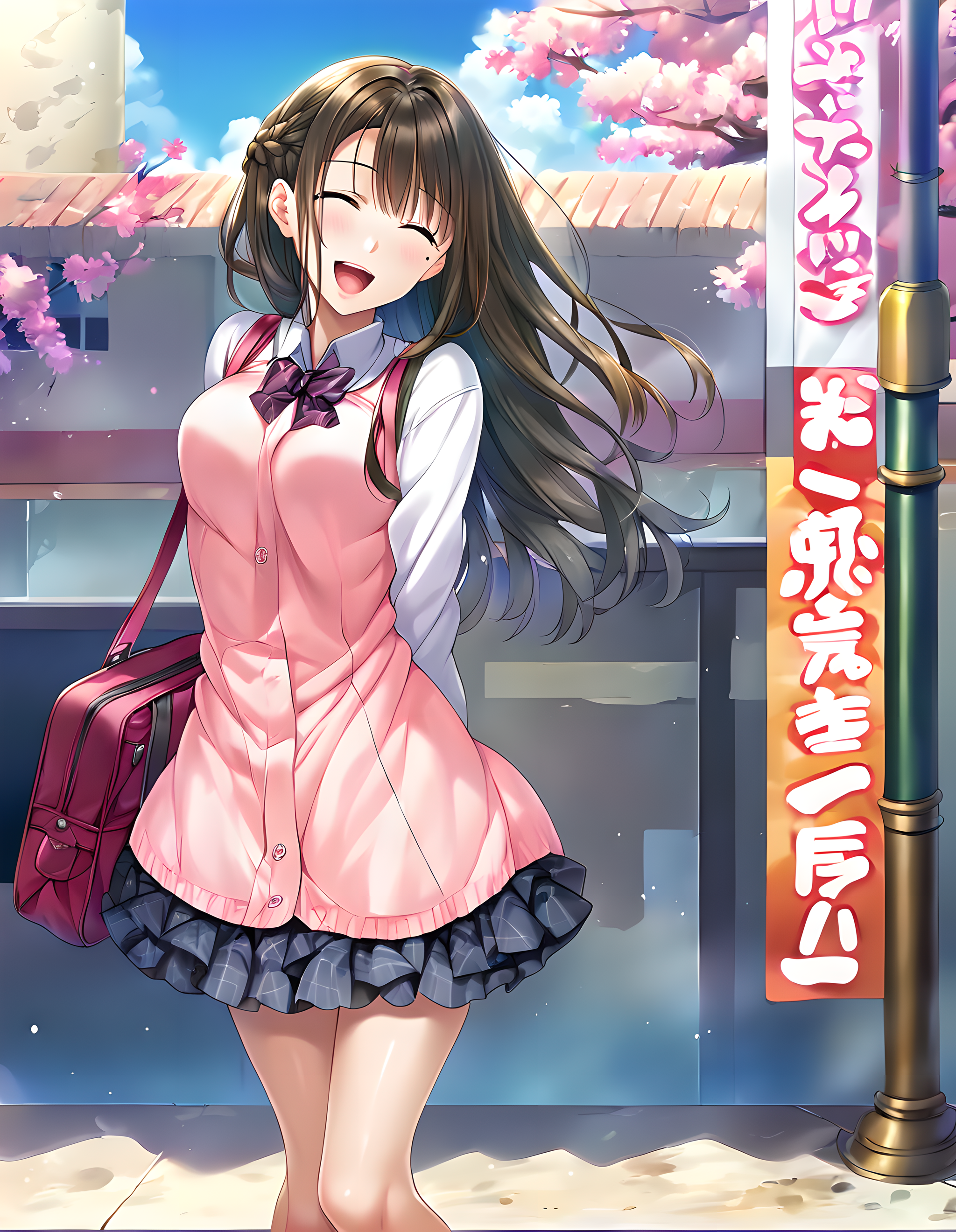 <lora:pony_xl_ayame:0.8>,ayame,score_9,score_8_up,score_7_up,source_anime,1girl,looking_at_viewer,cityscape,sky,blouse,it's a lot of fun,laughing,parted_lips,hair fluttering in the wind,arms_behind_back,leaning_forward,knees_together_feet_apart,standing,mole,