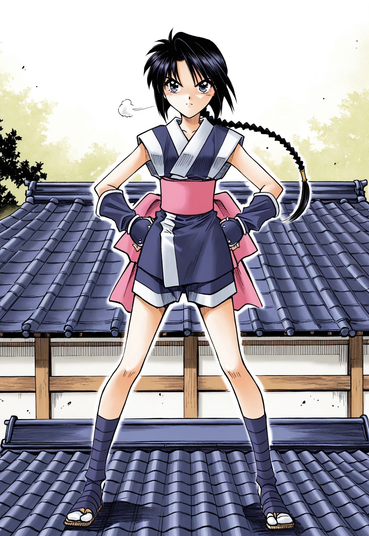 misao makimachi, short black hair, long braided ponytail, short angled bangs, short sidelocks, large eyes, thin eyebrows, petite body, rurouni kenshin, manga  
sleeveless ninja outfit with short skirt, fingerless gloves, thigh-high socks, sandals, confident expression, hands on hips or arms crossed, wind blowing her braid, standing on rooftop or high ledge, full body, solo character  
masterpiece, best quality, manga shading, dynamic composition, clean background