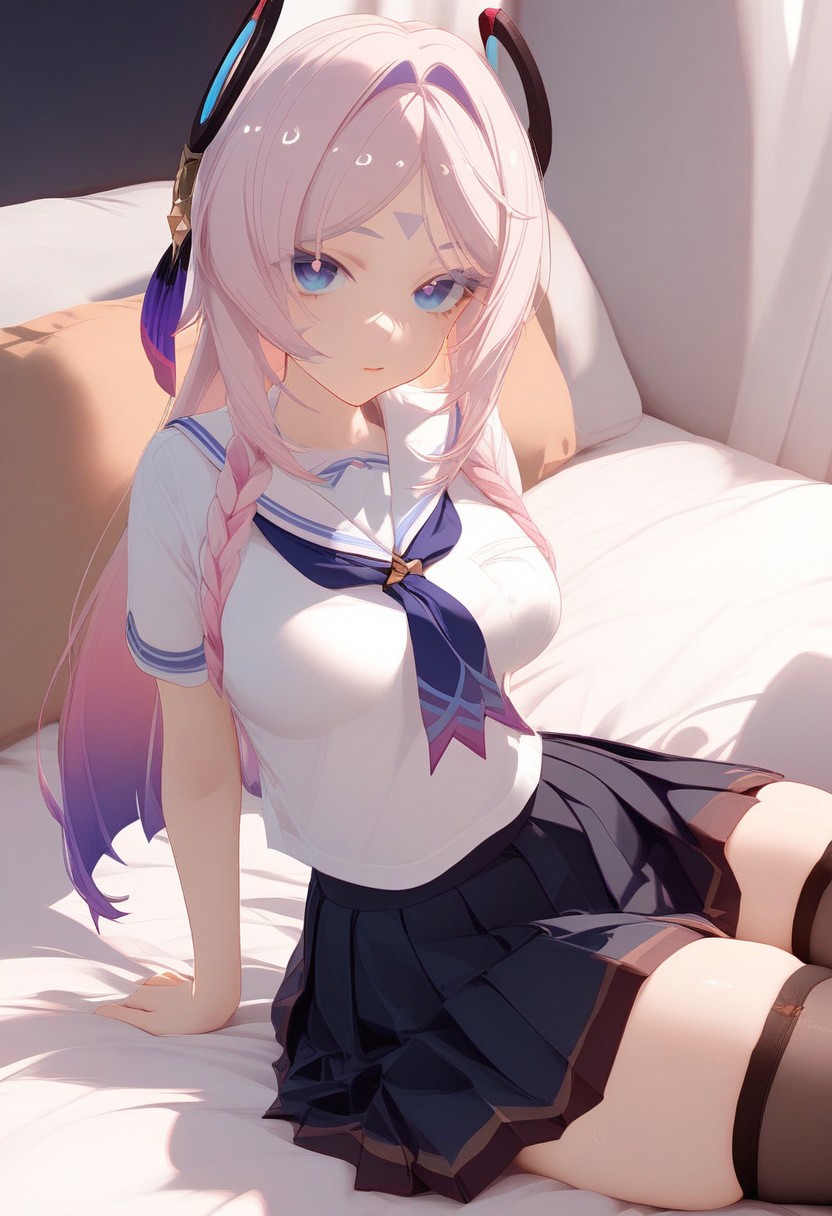 cinematic lighting, best quality, masterpiece, highres, detailed, perfect anatomy, 1girl, citlali \(genshin impact\), neckerchief, white top, short sleeves, pleat skirt, skirt, stockings, skindentation, sitting on bed, looking at viewer