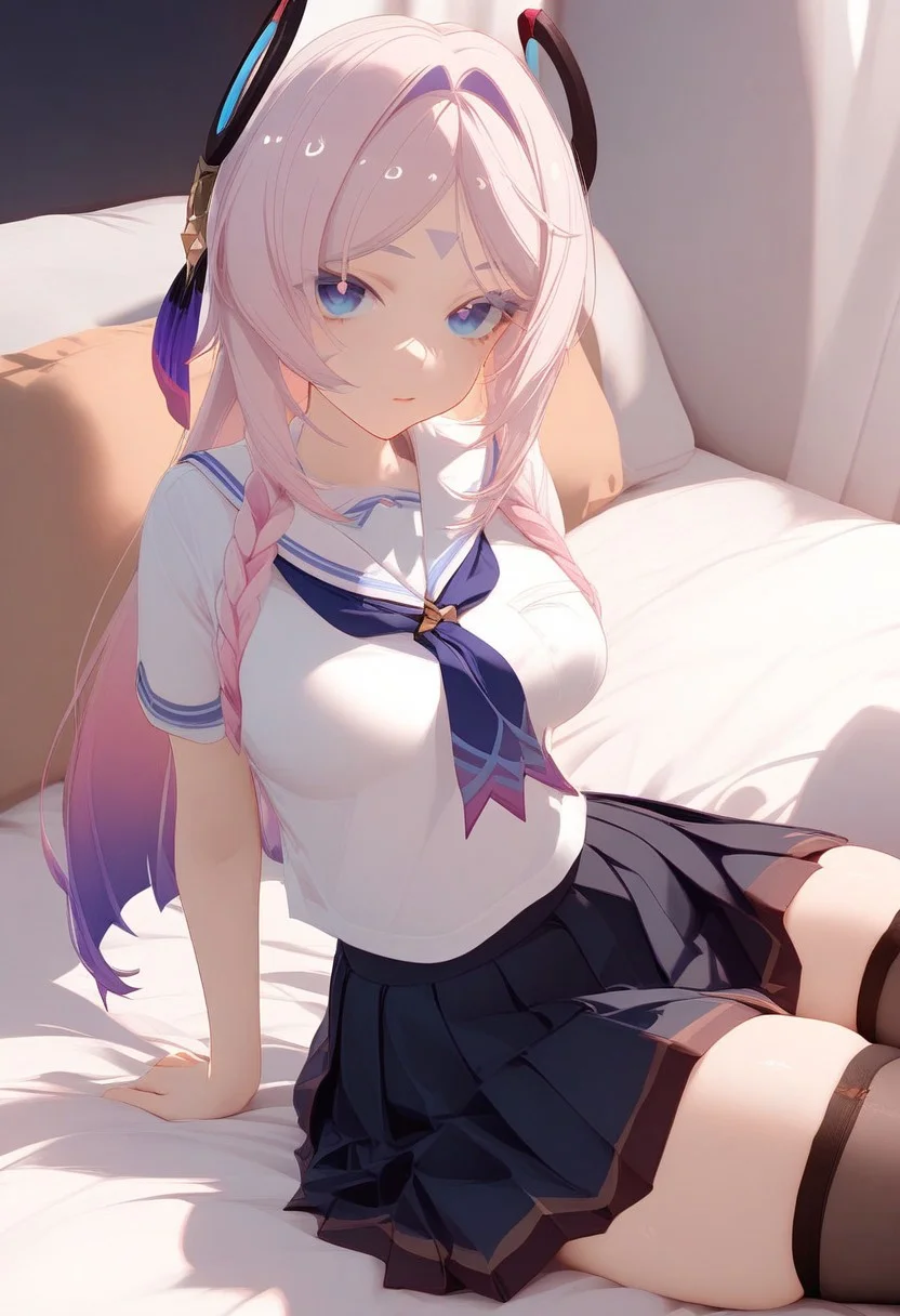 cinematic lighting, best quality, masterpiece, highres, detailed, perfect anatomy, 1girl, citlali \(genshin impact\), neckerchief, white top, short sleeves, pleat skirt, skirt, stockings, skindentation, sitting on bed, looking at viewer