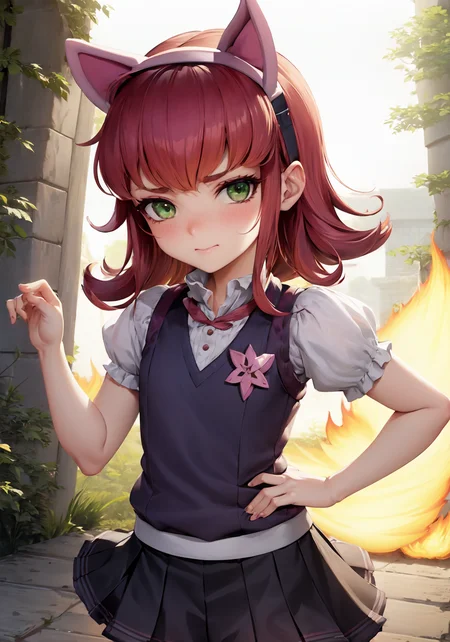 an illustration of (Annie18:1.2) standing, fan art of annie from league of legends, annie \(league of legends\), absurdres, highres, (high quality, beautiful, detailed, by artist ilya kuvshinov, photograph, intricately detailed, textured skin and clothing), (navy blue sweater vest, purple shirt, white shirt collar, white blouse, ) buckle, shirt, nose blush, bangs, red hair, skirt, 1girl, frills, looking at viewer, [animal ears], blush, frilled skirt, breasts, short sleeves, juliet sleeves, miniskirt, striped, pleated skirt, half-closed eyes, eyebrows visible through hair, >:, outline, breasts, small breasts, flat chest, purple headwear, solo focus, dark blue sweater vest, ((green eyes)), [[pink legwear]], [[socks]], [[loose socks]], [kneesocks], [[black shoes]], [[mary janes]], black skirt, shadow, hetero, short dress, [[striped legwear,]] grey skirt, white jacket, (fake animal ears), headband, white blouse, 1boy, open clothes, blouse, outdoors, dress, swept bangs, hair between eyes, , [[cat ears]], tsurime, messy hair, (short hair), [[backpack]], randoseru, cute, nose, ambient light, ((petite)), ((skinny)), game cg, official art, (chiaroscuro, 4k, 8k, hollow eyes, delicate), long slender legs, narrow waist, smug, smirk,