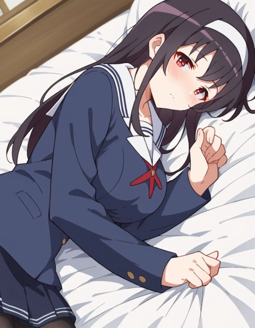 score_9, score_8_up, score_7_up, source_anime, <lora:utaha-kasumigaoka-s2-ponyxl-lora-nochekaiser:1>, utaha kasumigaoka, black hair, hairband, long hair, red eyes, large breasts,, long sleeves, school uniform, skirt, pantyhose,, indoors, bed, bed room, on side, blush, drunk, looking at viewer, solo,, cowboy shot, dutch angle