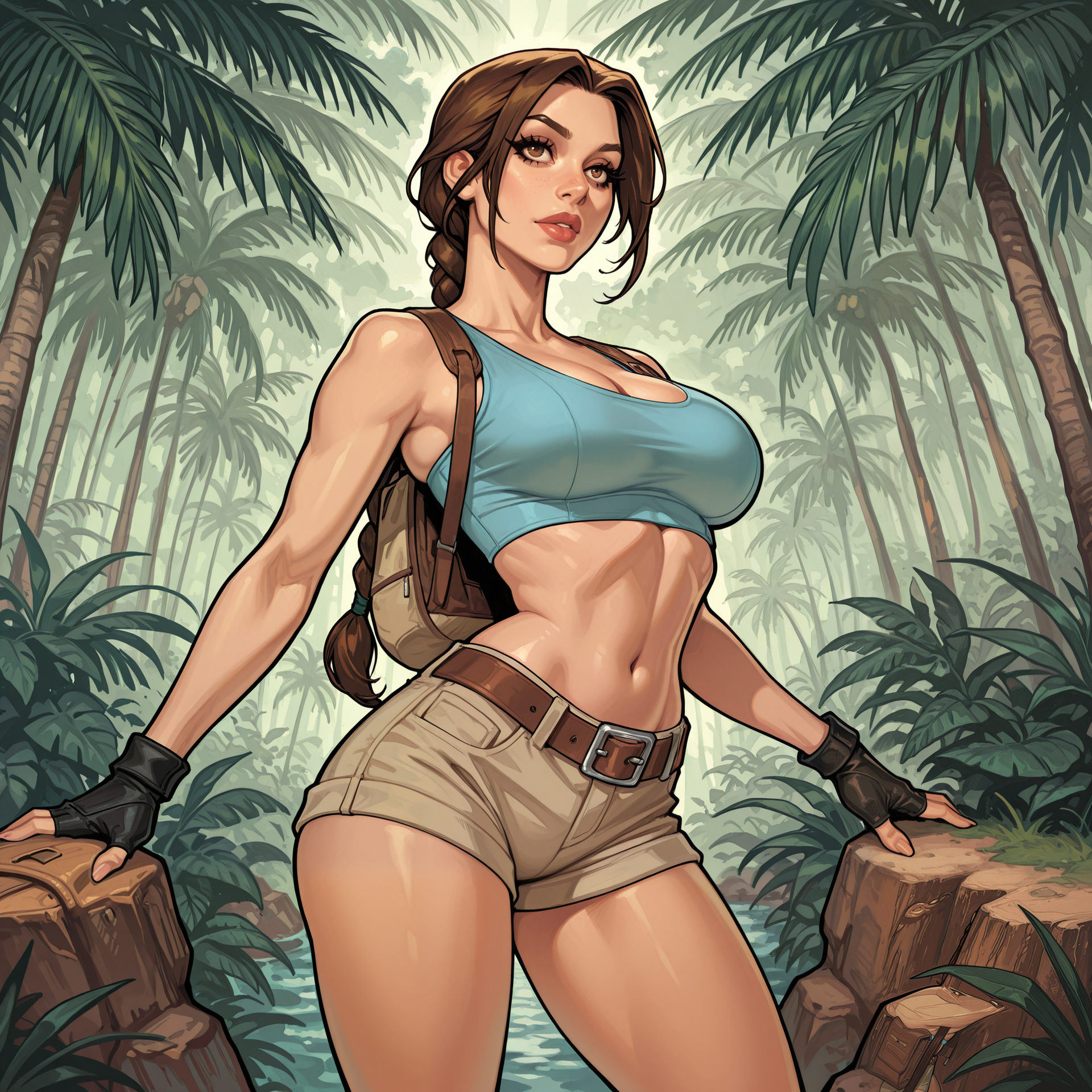 2d, concept art,

masterpiece, best quality, amazing quality, highres,

BREAK

eye contact:1.15, facing viewer:1.25, cowboy shot, 

pinup pose, back leaning against jungle tree, dynamic shot, dynamic angle, sexy poses, {front angle|side angle|back side angle}

BREAK

perfect character, perfect hands, perfect fingers, detailed character, detailed face, detailed eyes, detailed eyelashes, detailed lips, 

1girl, ((solo)), lara croft, caucasian girl, brown hair, braided ponytail, ((long parted bangs)), brown eyes, long eyelashes, 

fit body, medium breasts, almond shaped eyes, long eyelashes, small narrow waist, wide hips, skindentation, 

BREAK 

light blue sports bra, beige cargo shorts, short shorts, brown leather belt, black fingerless gloves, mini brown leather backpack, 

BREAK 

detailed background, detailed scenery, outdoors, tropical jungle,