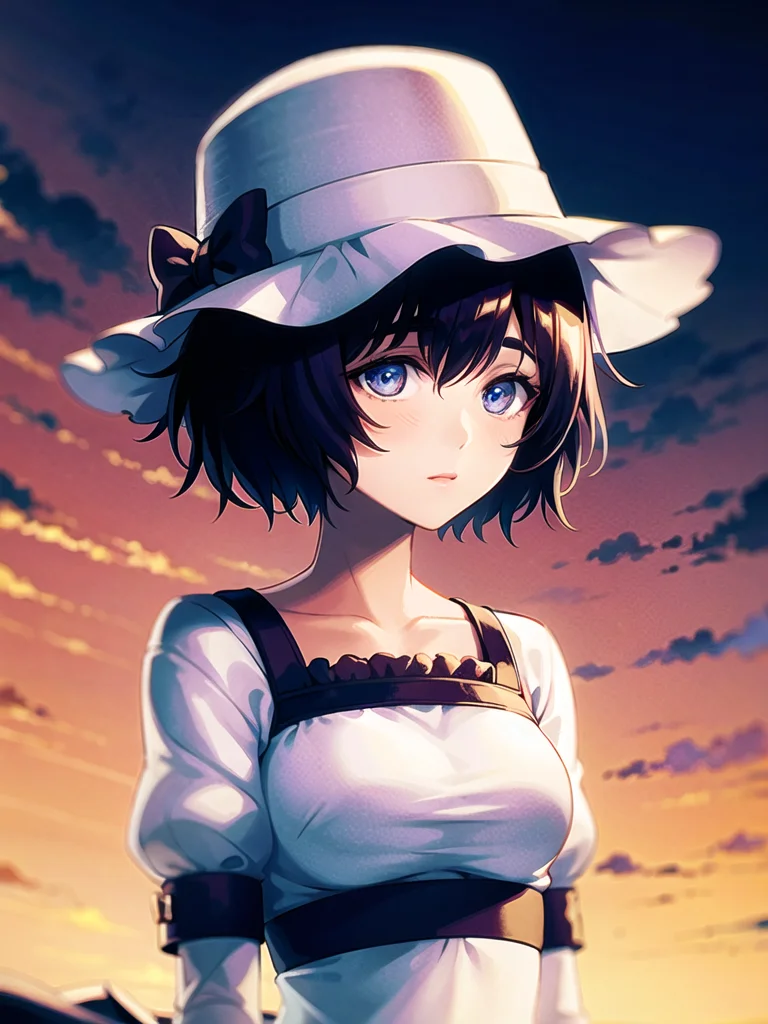 1girl, solo,(best quality),(masterpiece:1.1), hat, dress, looking_at_viewer, neck_ribbon, cute, clear facial skin,